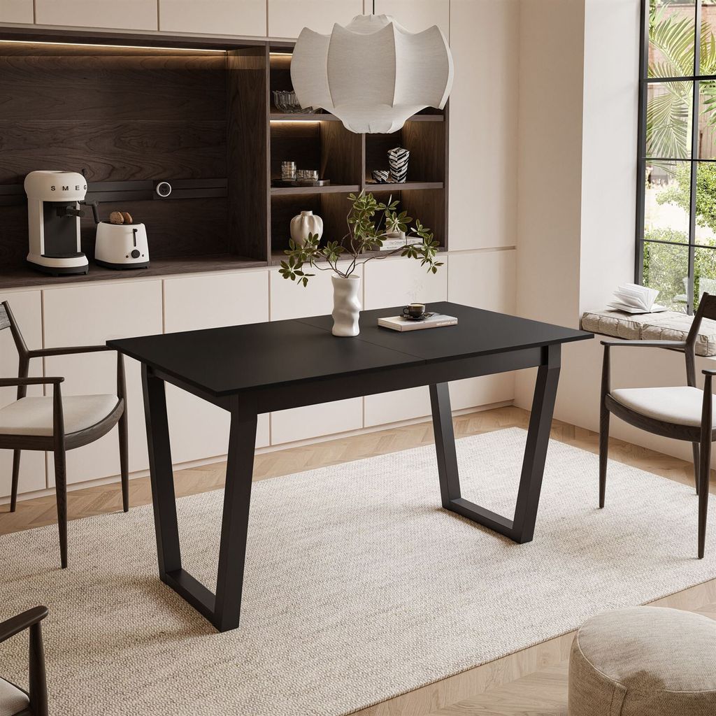 ARTON II ausziehbarer Tisch 140 cm, Schwarze Metalbeine V, Tischplatte Farbe: Schwarz