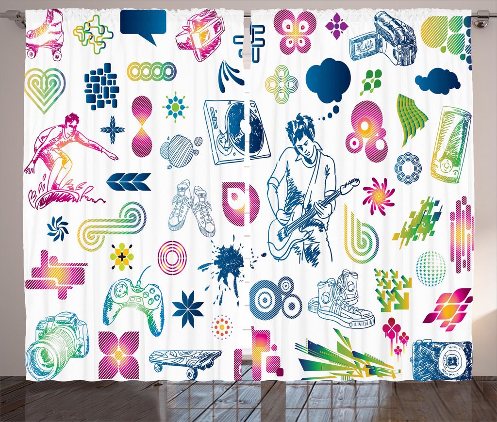 ABAKUHAUS Musik Rustikaler Vorhang, Moderne Ombre Gitarre Teen, Wohnzimmer Universalband Gardinen mit Schlaufen und Haken, 280 x 245 cm, Mehrfarbig