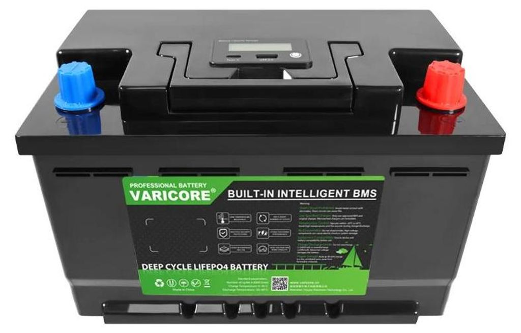 LiFePO4 Batterie - 12,8V 60Ah Deep Cycle - Für Solar, Wohnmobil, Boot, Wechselrichter - LCD Display - 6000 Zyklen - 14,6V Ladegerät