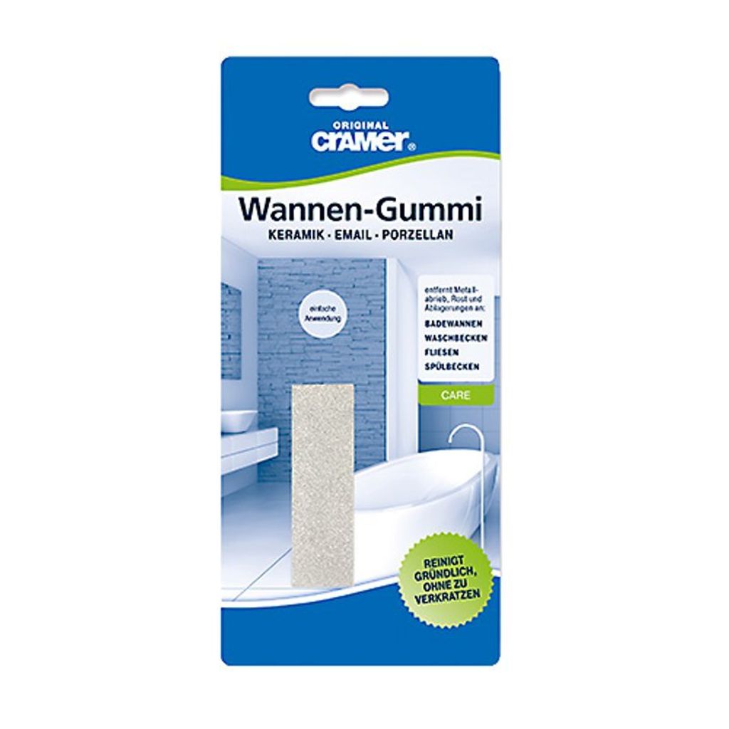 A product package for a cleaning tool in a bathroom setting.