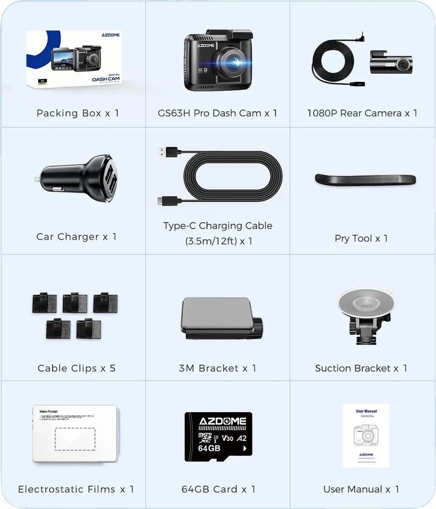 AZDOME Dashcam 4K Dual GS63H Pro Caméra de Voiture avec GPS et Carte 64Go