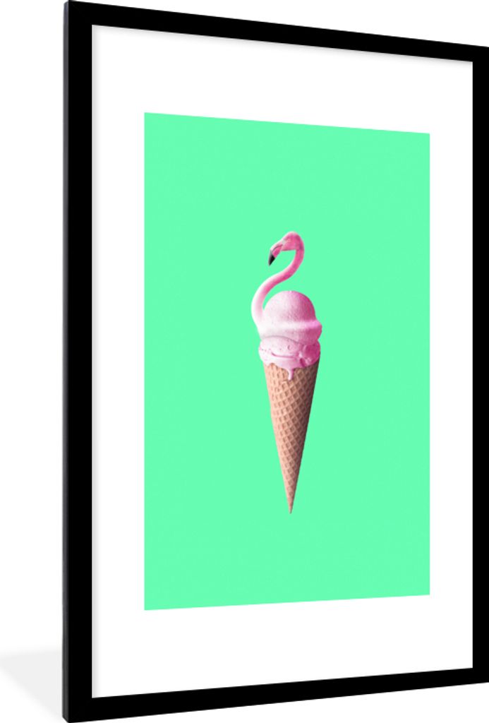 MuchoWow Gerahmtes Poster Eistüten - Eiscreme - Flamingo - Rosa - Grün 60x90 cm - Poster mit Schwarzem Bilderrahmen Wandposter Rahmen Foto Bild...
