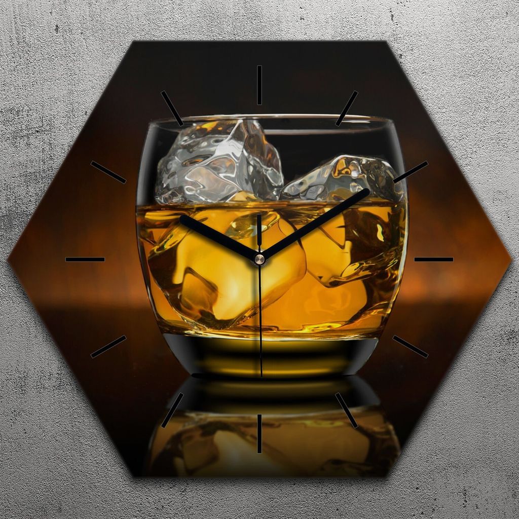 Uhr hexagonal 40 cm Glas Geräuschlos schwarze Zeiger - Whisky Glas