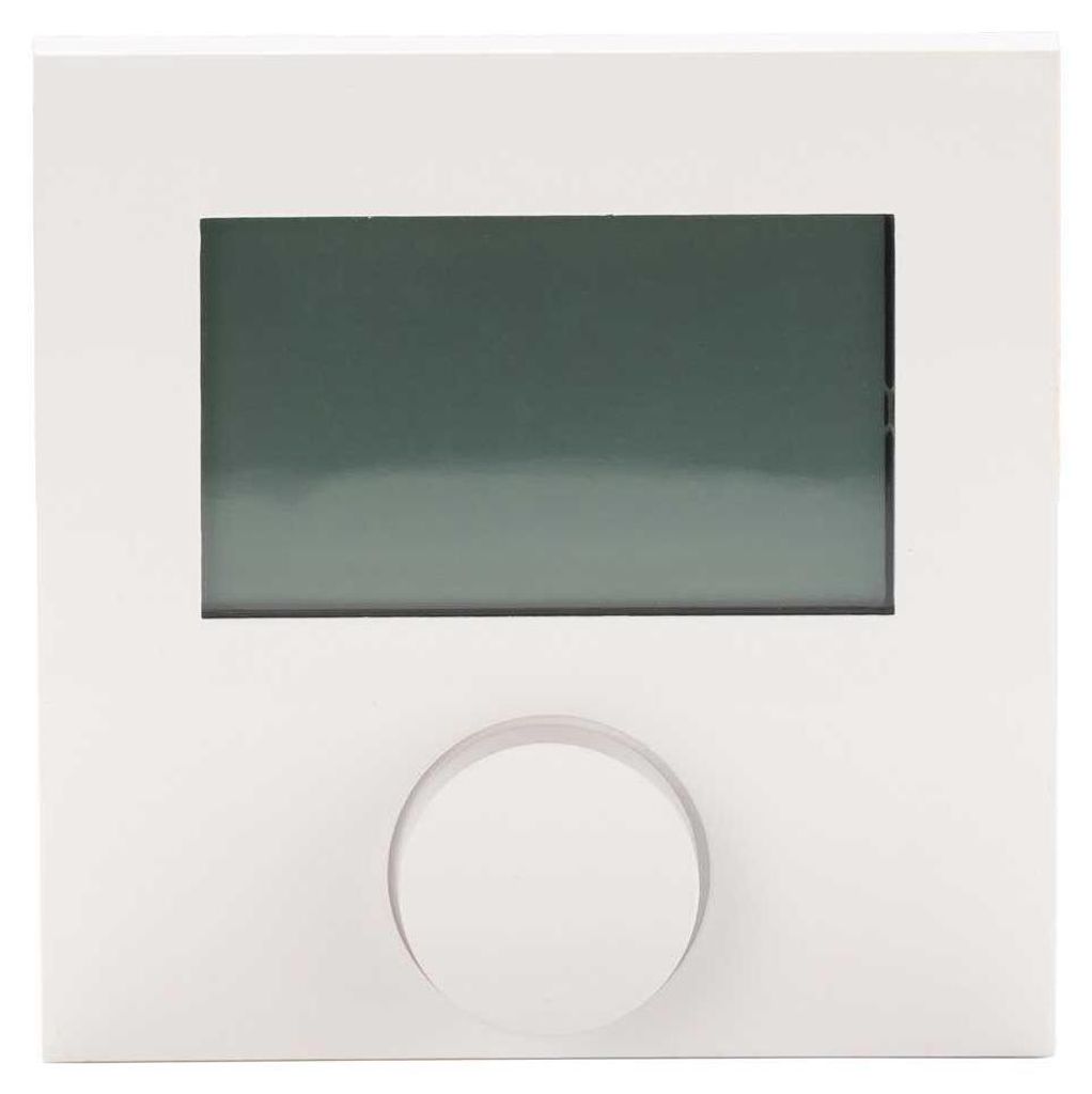 A white thermostat with a dark LCD screen and a circular dial.