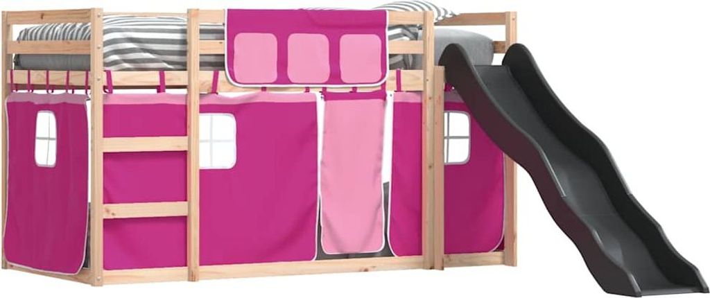 vidaXL Etagenbett mit Rutsche und Gardinen Rosa 90x190 cm