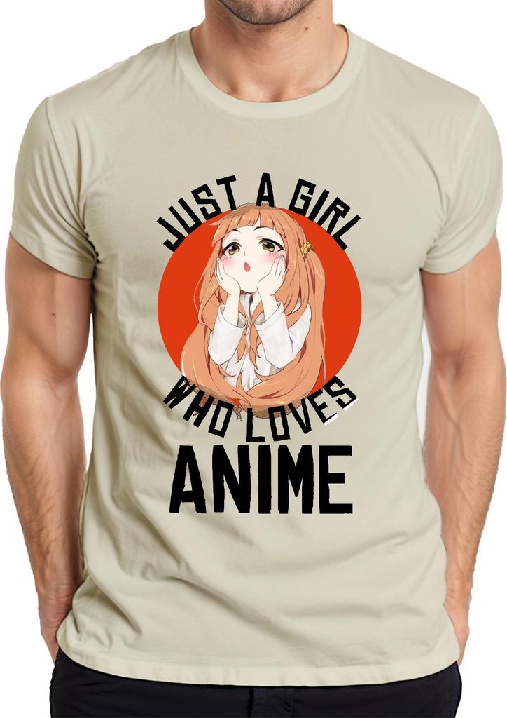 JUST A GIRL WHO LOVES ANIME Anime Mädchen Otaku Manga Kawaii Fan Herren T-Shirt, Natur, M