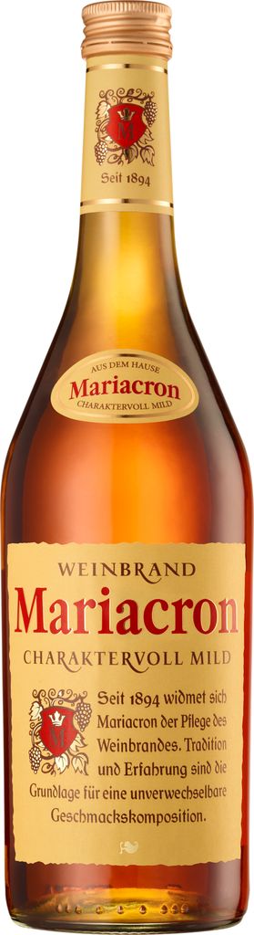 A bottle of Mariacron Weinbrand on a white background.