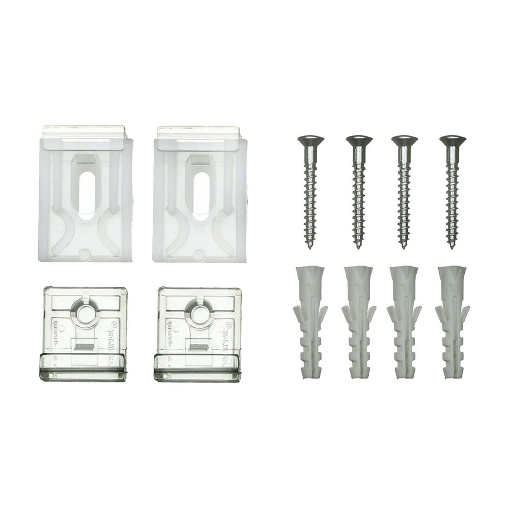 A set of mirror clips, screws, and wall anchors arranged on a white background.