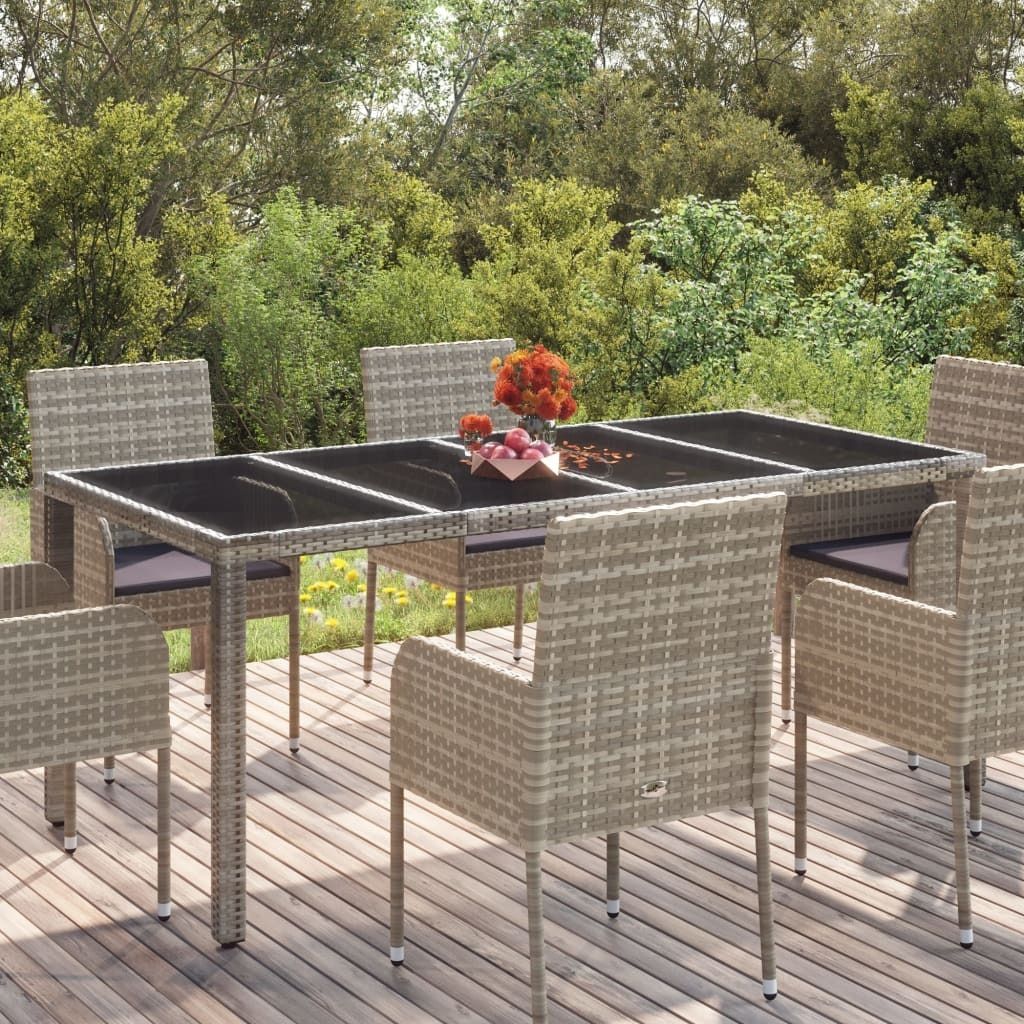 ZMH Gartentisch mit Glasplatte Grau 190x90x75 cm Poly Rattan