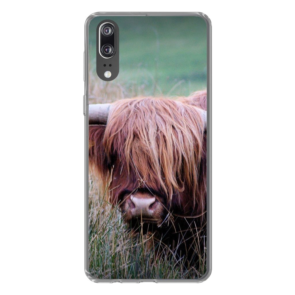 MuchoWow Handyhülle Schutzhülle Hülle für Huawei P20 Schottischer Highlander - Hörner - Gras Silikon Softcase Handy Hülle - Hardcover