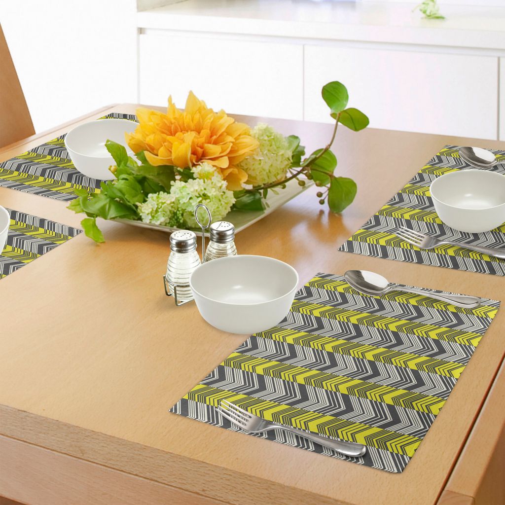 ABAKUHAUS Gelb und Weiß Platzmatten, Fischgrätenmuster mit abgewinkelten Linien geometrische Chevron Zickzacke, Tiscjdeco aus Farbfesten Stoff f...