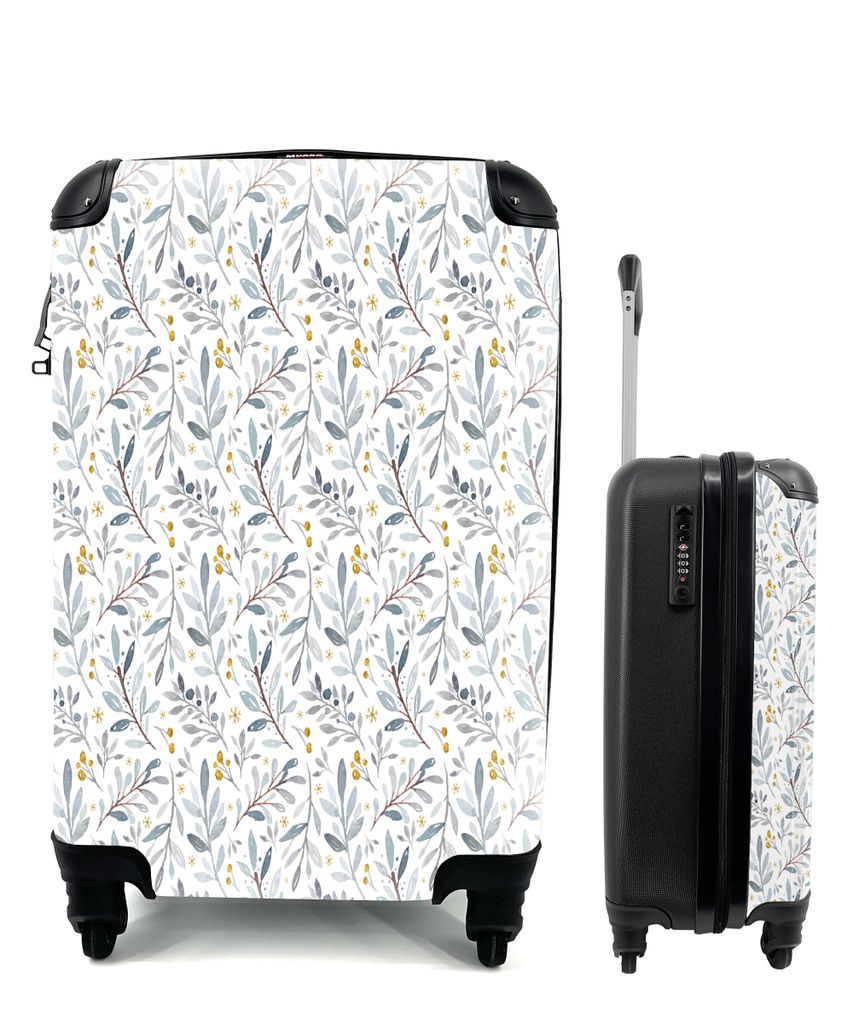MuchoWow Koffer Handgepäck Trolley Rollkoffer Kleine Reisekoffer mit 4 Rollen - Vintage - Blätter - Weiß - Cabin Size < 55x40x23 cm & 55x40x20...