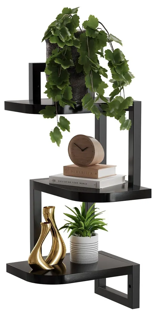 Étagères d'angle bois noir rustique, lot de 3 supports muraux robustes