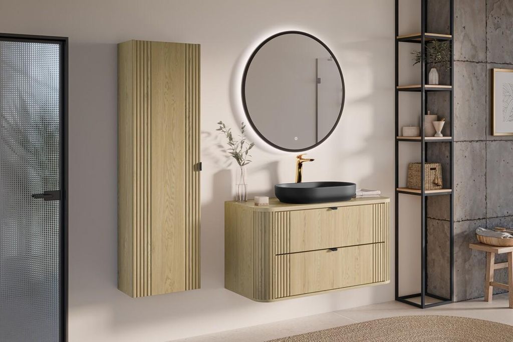 MONTIERT Badmöbel Set mit Aufsatzwaschbecken OVALIA CREMONA 100 cm MDF SOFT-CLOSE LED komplettes Badmöbel Set