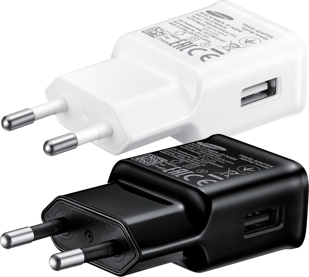 Two Samsung fast charging adapters, one white and one black, are shown against a white background.