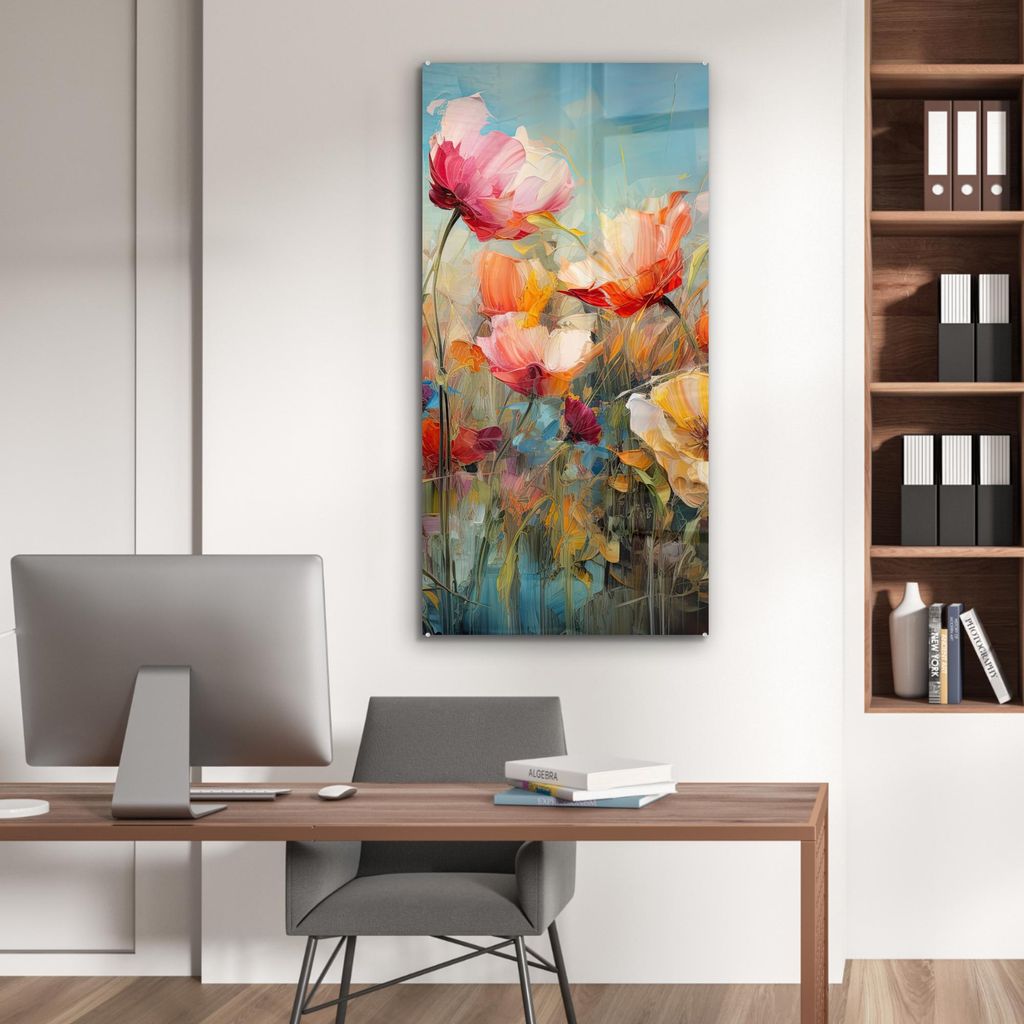 MuchoWow Glasbilder - Bilder auf Wandbild - Foto auf Glas Blumen - Aquarell - Kunst - Botanisch - Natur 60x120 cm Wanddekoration aus Glas - Acrylgl...