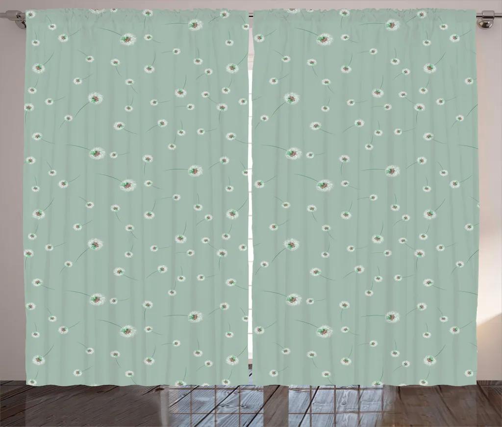 Rideau Vert Amande à Motifs Pissenlit, Fixation Boucles et Crochets 280cm