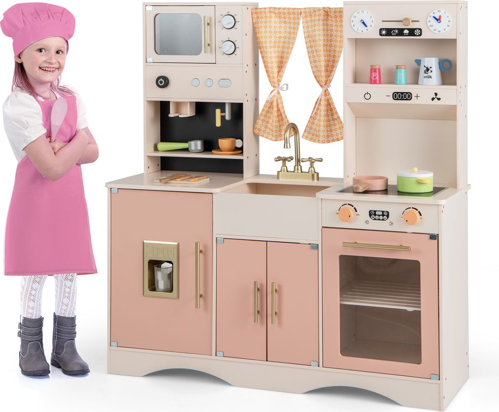 GOPLUS Kinderküche aus Holz, Spielküche mit Kaffeemaschine, Eismaschine, Mikrowelle, Backofen & Spüle, Vorhängen, Spielzeugküche Rollenspielk...