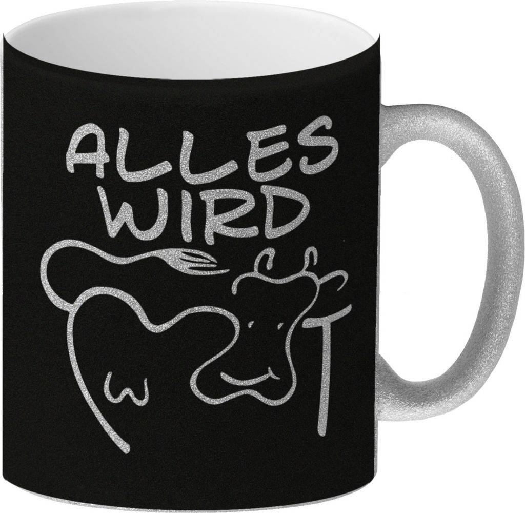Alles wir KUHt Glitzer-Kaffeebecher in schwarz zum Thema Produktbild 