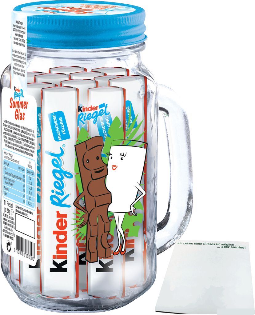 kinder Riegel Sommerglas mit 11 Riegeln mit Deckel in blau (231g Glas) + usy Block