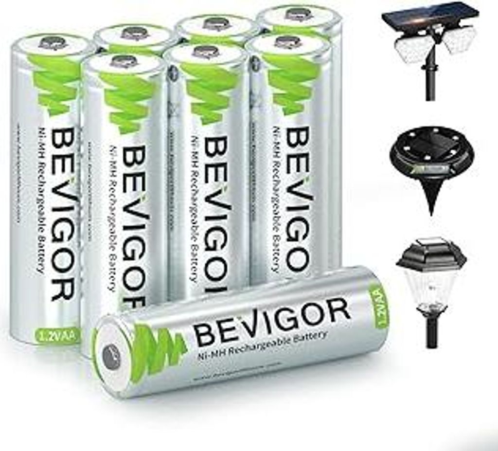 BEVIGOR 8 Stück 1000mAh 1.2V wiederaufladbare Solar-Batterien, leistungsstarke AA NI-MH-Akkus, geeignet für Außen-Solarleuchten, Lichterketten