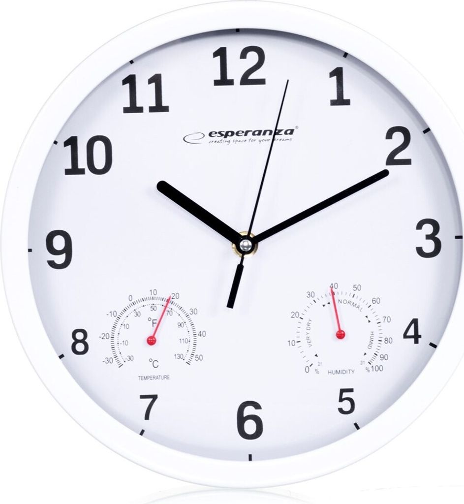 A white analog wall clock with two built-in gauges for temperature and humidity.