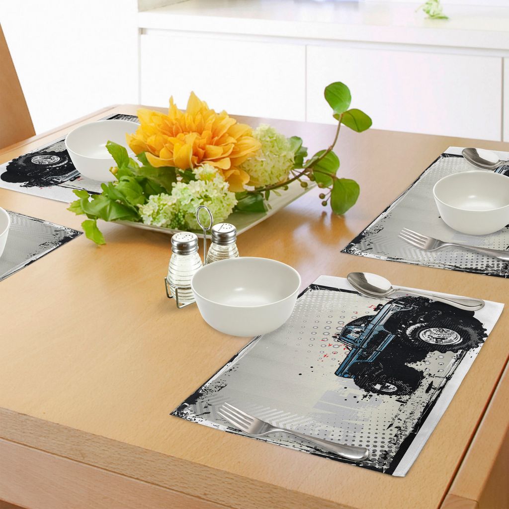 ABAKUHAUS LKW Platzmatten, Halbton-Muster Hintergrund mit Farbe spritzte Rahmen und Monster Truck Motiv, Tiscjdeco aus Farbfesten Stoff für das Es...