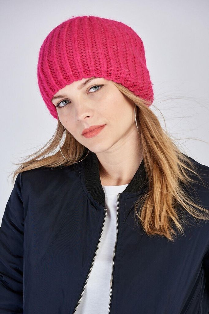 Damen Mütze Beanie Strickmütze Fuchsia Wintermütze Warme Winter Pudelmütze N-515
