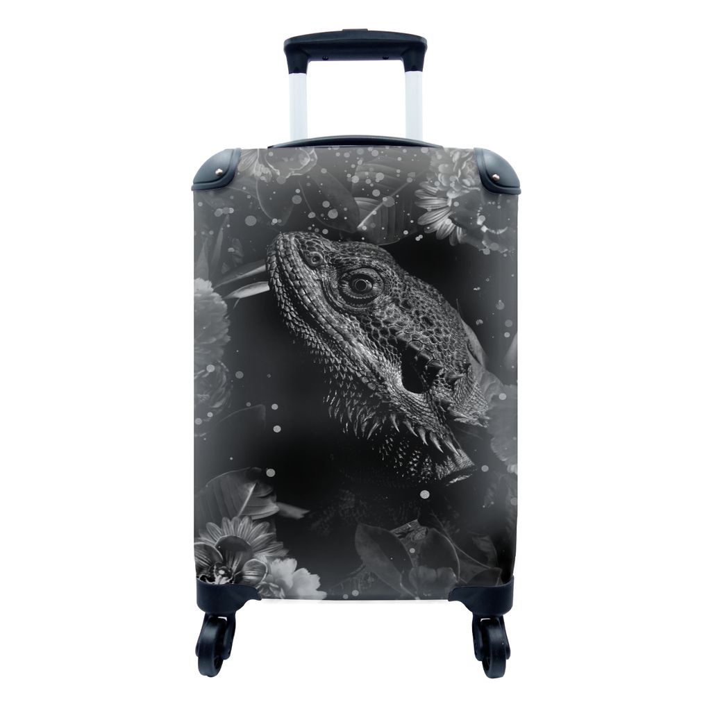 MuchoWow Koffer Handgepäck Trolley Rollkoffer Kleine Reisekoffer mit 4 Rollen - Botanisches Reptil mit Leuchtkugeln vor schwarzem Hintergrund - ...