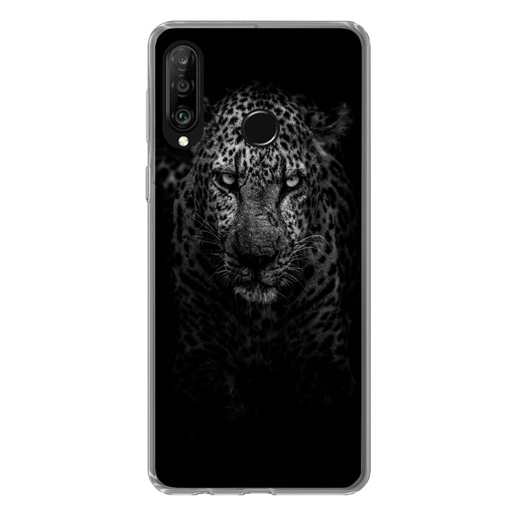 MuchoWow Handyhülle Schutzhülle Hülle für Huawei P30 Lite Leopard - Schwarz - Weiß Silikon Softcase Handy Hülle - Handyhülle