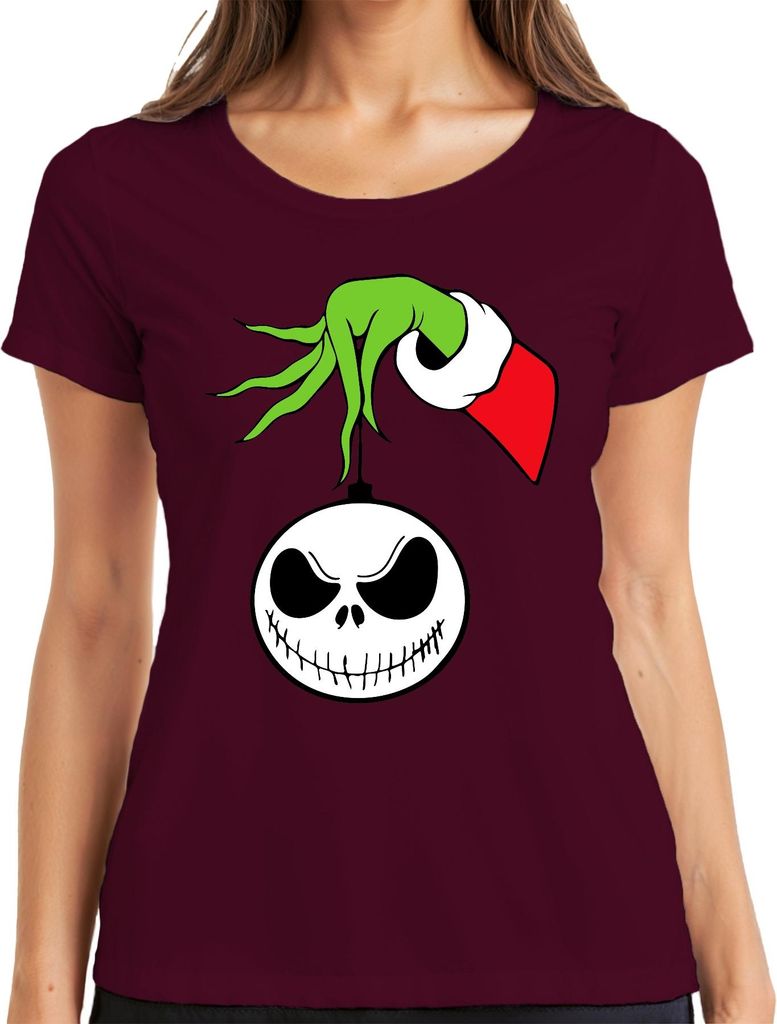 Jack Skellington Grinch Hand Weihnachtskugel Skelett Gothic Damen T-Shirt, Burgundy, S