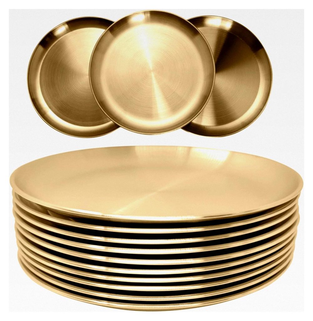 Edelstahlplatten 23 cm Gold Metall Leichte Stahlplatte Unzerbrechliches Geschirr Set für Küche, Zuhause, Camping, Outdoor, Party, BBQ (23 cm, 10 ...