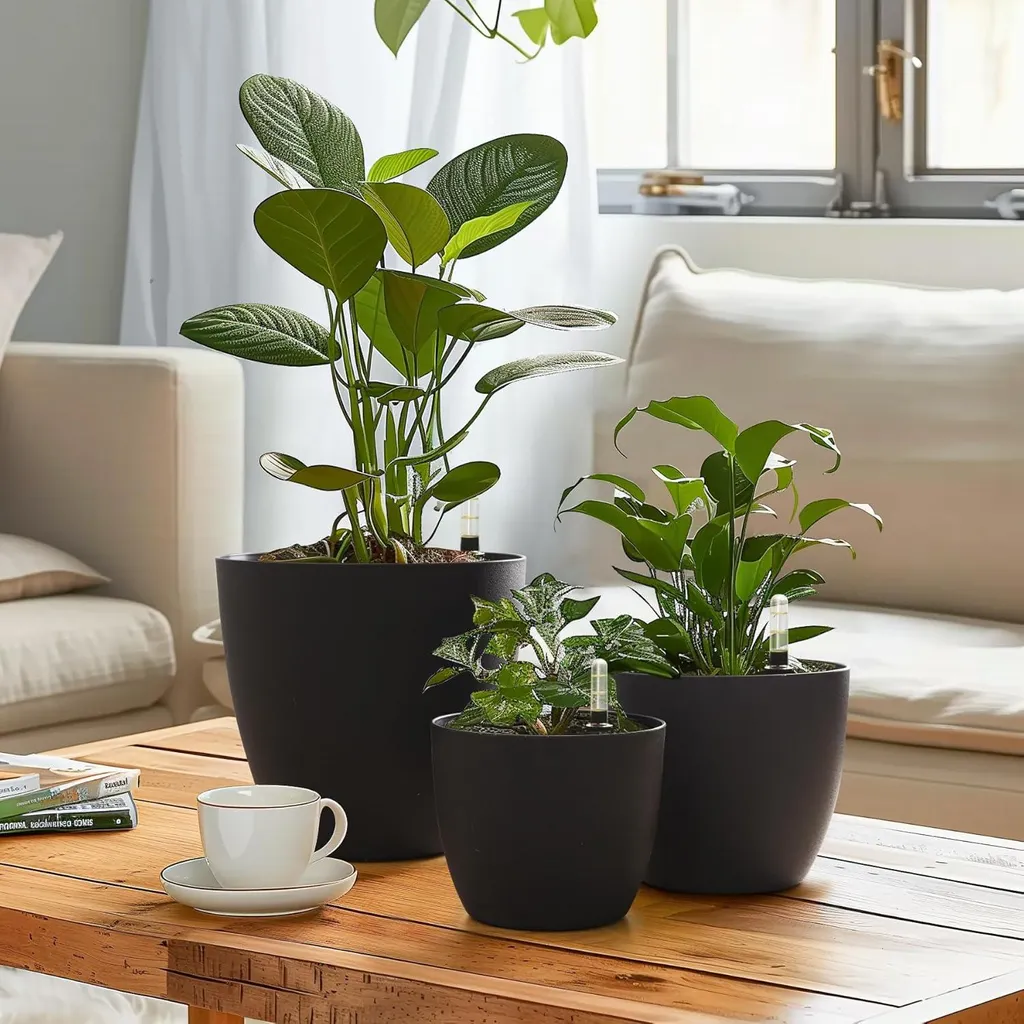Set de 4 pots de fleurs auto-arrosants noirs 18cm avec réservoir