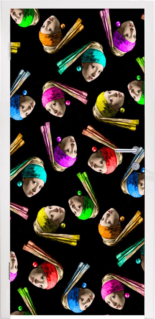 MuchoWow Türtapete Selbstklebende Türfolie Das Mädchen mit dem Perlenohrring - Regenbogen - Schnittmuster 75x205 cm Türposter Türaufkleber K...