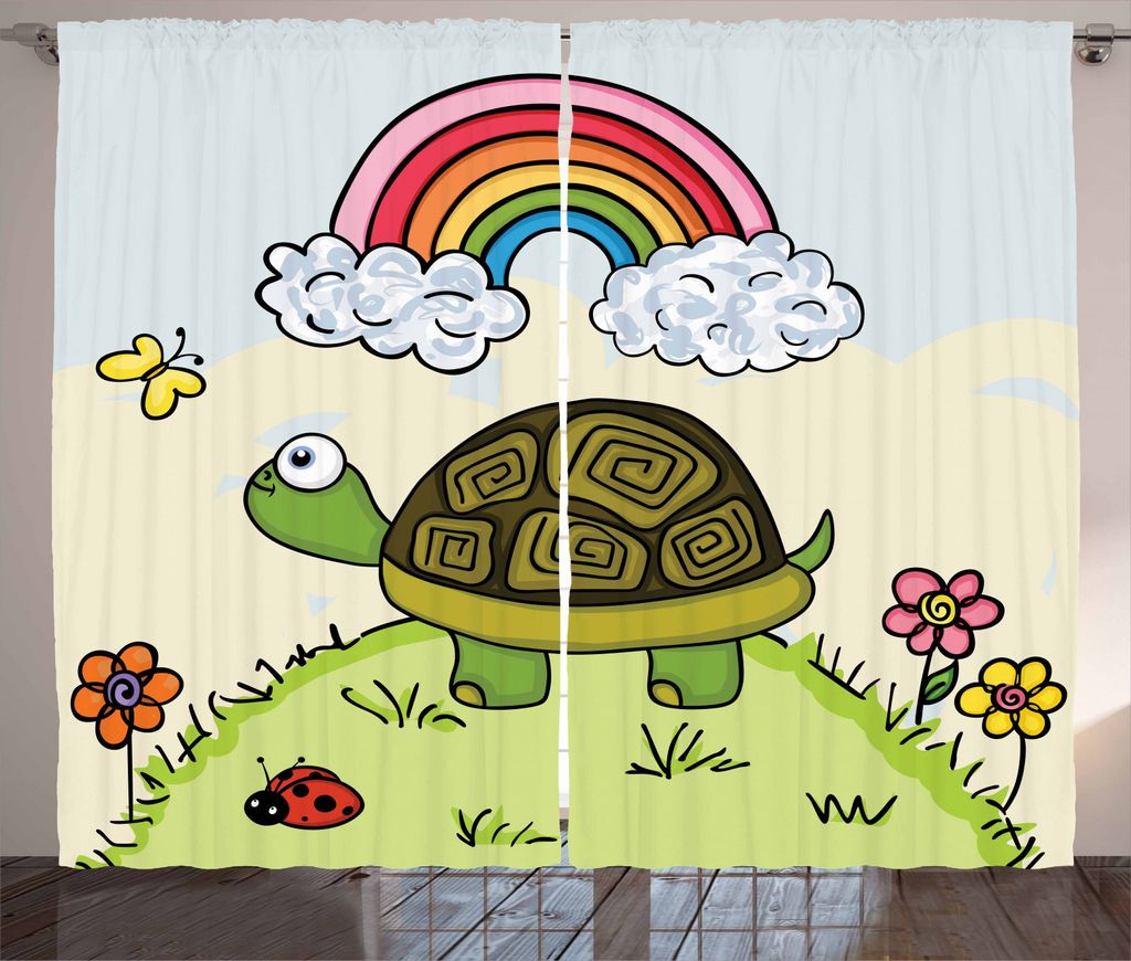 ABAKUHAUS Schildkröte Rustikaler Gardine, Cartoon Hügel Natur, Schlafzimmer Kräuselband Vorhang mit Schlaufen und Haken, 280 x 245 cm, Mehrfarbig