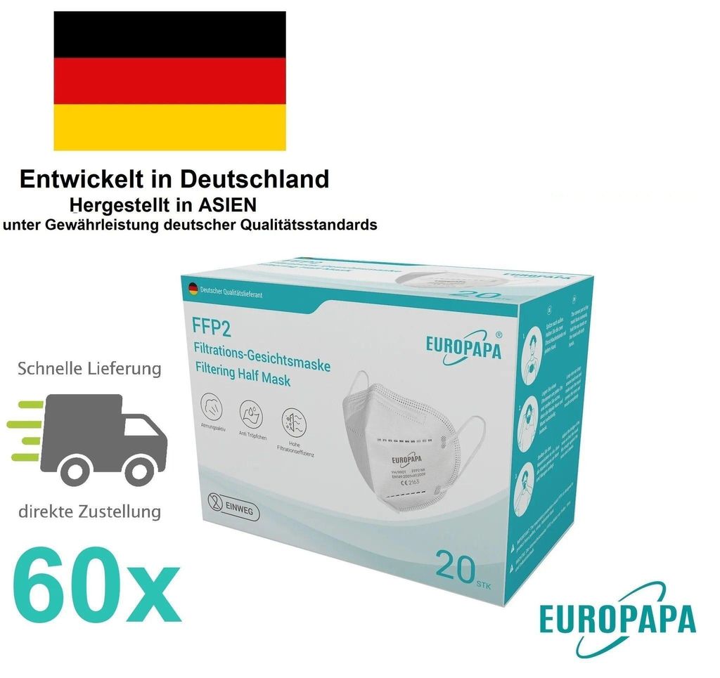 EUROPAPA 60x FFP2 Atemschutzmaske – 5-Lagen Produktbild 
