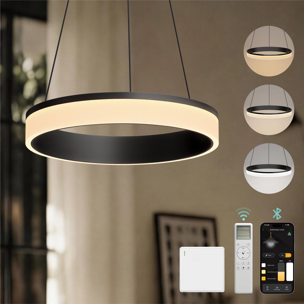 Mai & Mai Pendelleuchte Esstisch, 40cm LED Hängelampe, stufenlos dimmbar höhenverstellbare 20W Esstischlampe mit Fernbedienung Sandschwarz Luvina02