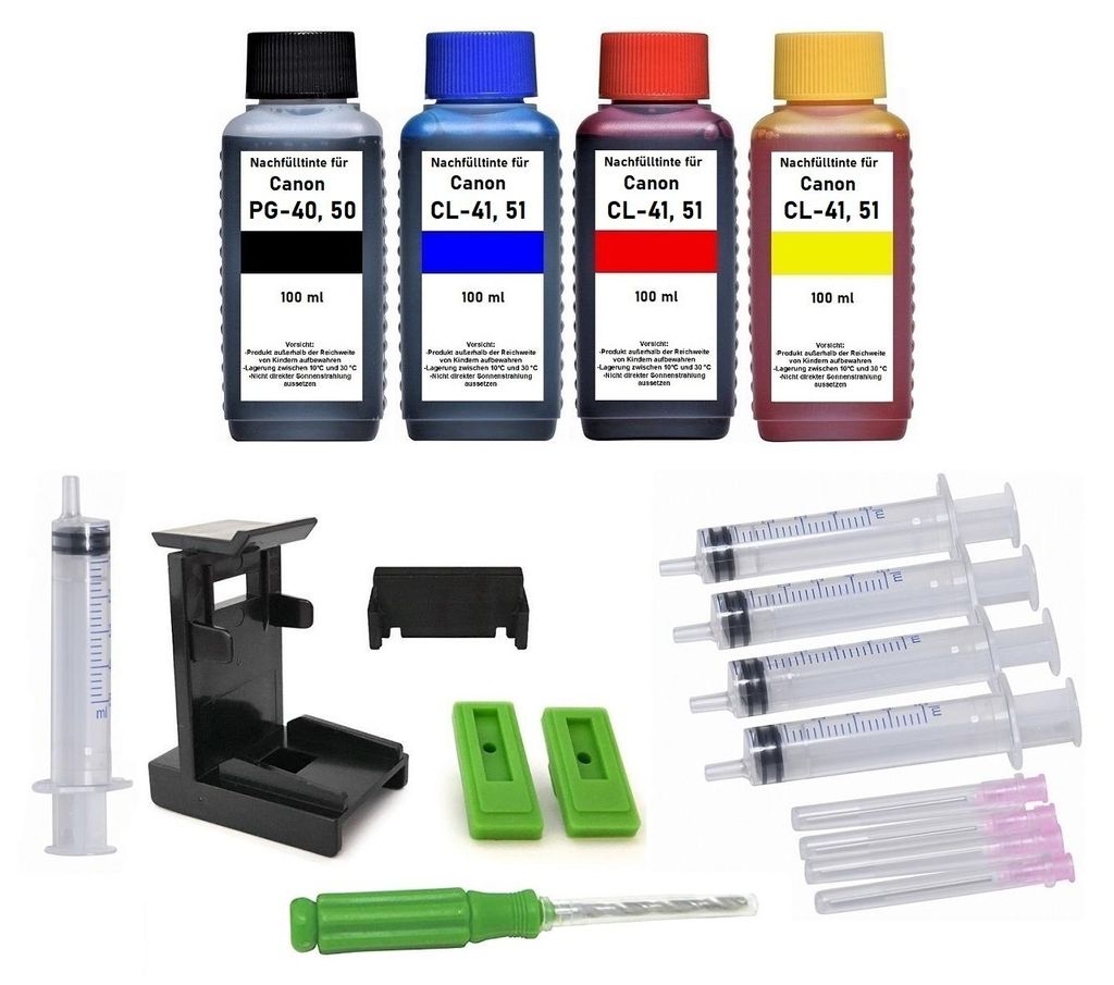 Druckerpatronen-Nachfüllset für Canon PG-40, PG-50, CL-41, CL-51 Tintenpatronen - 4 x 100 ml Nachfülltinte black, cyan, magenta, yellow + Zubeh...