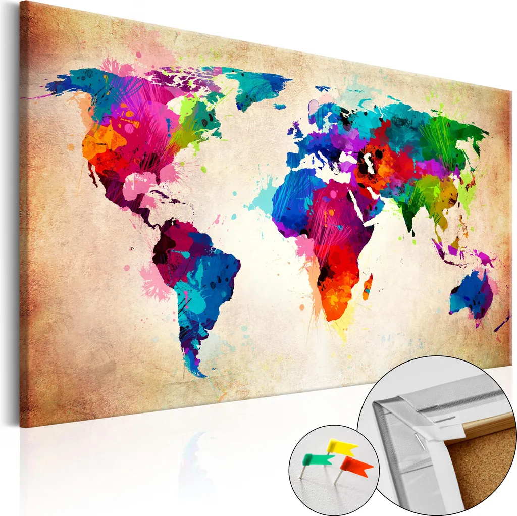 Novità! Quadro su tela con bacheca in sughero 90x60 cm - MAPPA MONDIALE PAESI VIAGGI k-C-0038-p-a