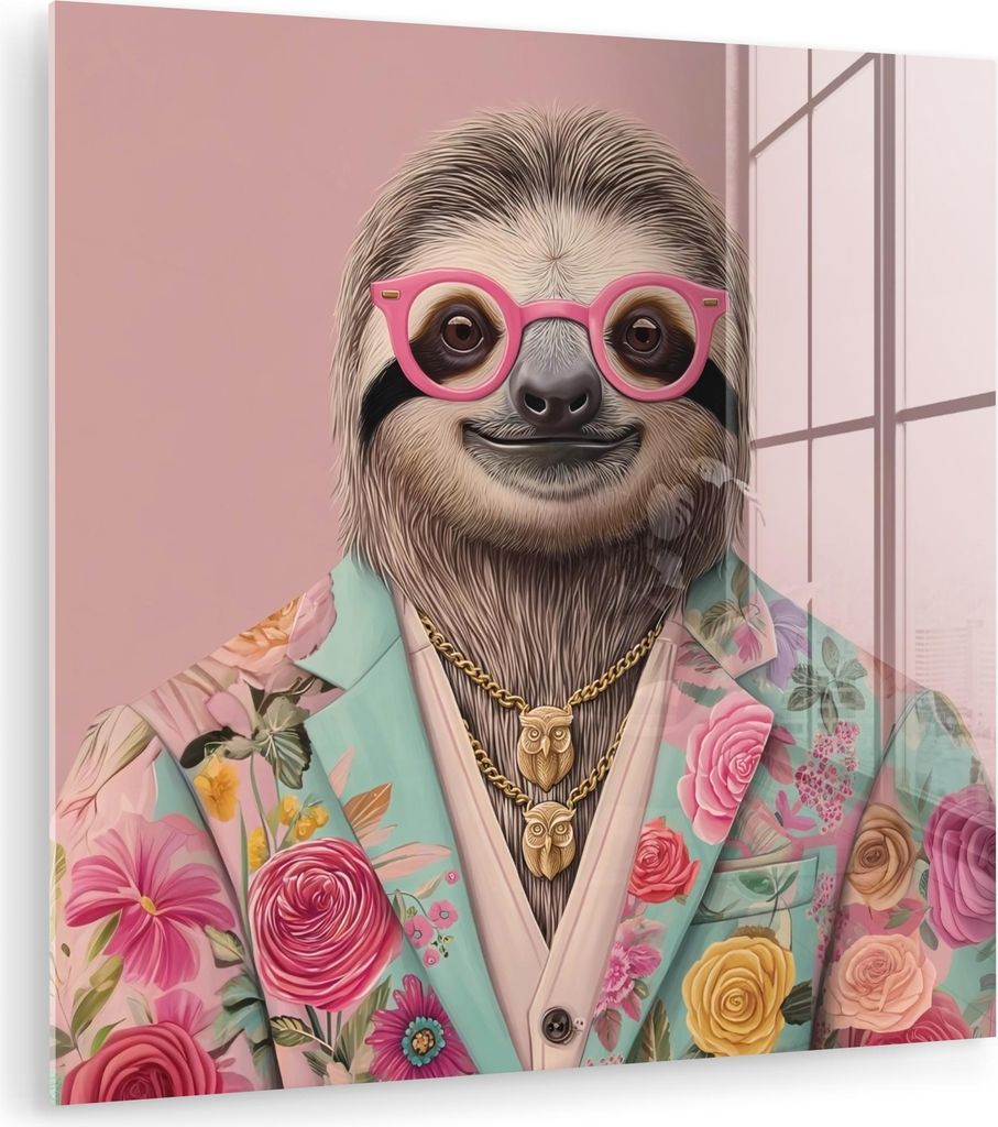 MuchoWow Glasbilder - Bilder auf Wandbild - Foto auf Glas Faultier - Blumendruck - Brille - Rosa 20x20 cm Wanddekoration aus Glas - Acrylglasbild -...