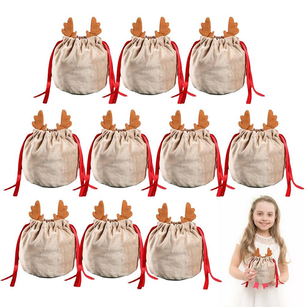 Weihnachtsbeutel mit Kordelzug, Geschenktüten mit Geweihmotiv, Weihnachtsdekorationsbeutel, Verpackungsbeutel mit Kordelzug
