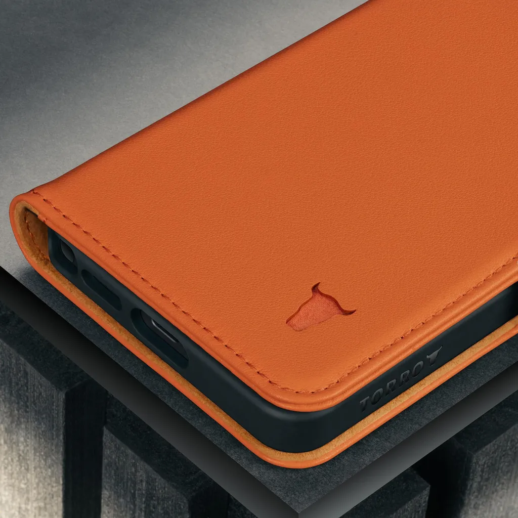 Étui support Galaxy S26 Ultra en cuir véritable orange finition artisanale