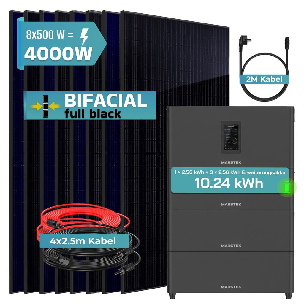 SUNNIVA 4000W Balkonkraftwerk mit 10,24 kWh Speicher MARSTEK Jupiter C + Plus, 8x500W BIFAZIAL FULLBLACK komplett Steckdose, Solaranlage Solarspe...