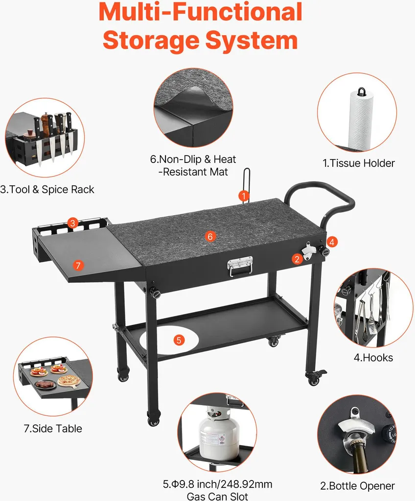 Table de barbecue extérieure pliable avec roulettes et table d'appoint - 6