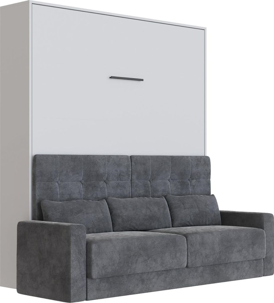 Schrankbett M1 140x200 Perlgrau mit Sofa Anthrazit mit Armlehnen 11cm Breite