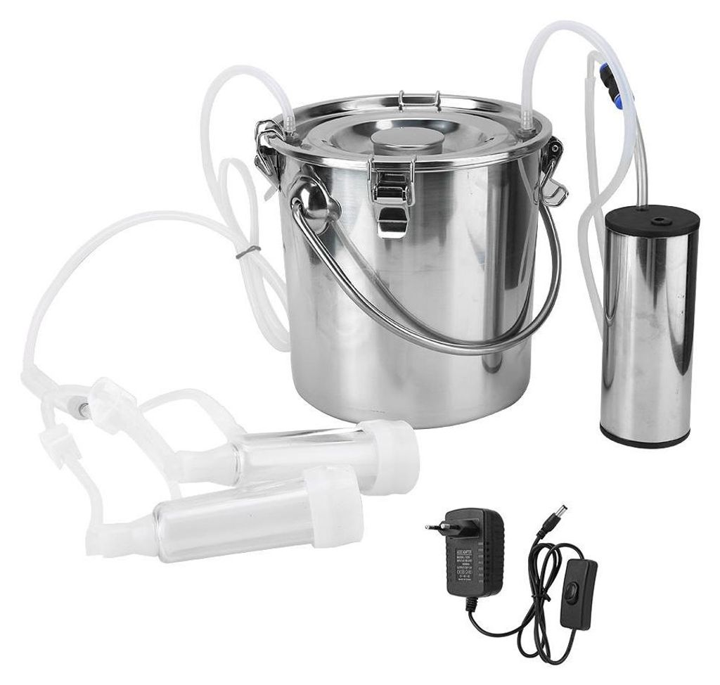 A stainless steel milking machine with its accessories and power adapter, laid out on a white background.