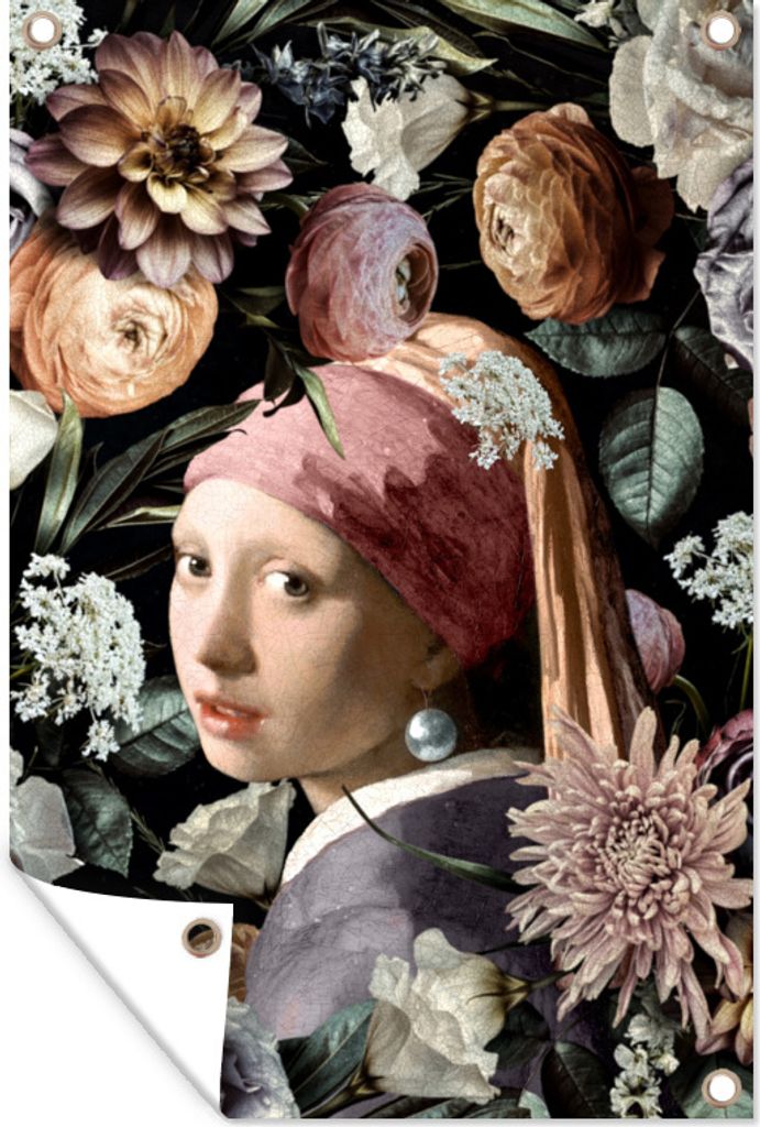MuchoWow 60x90 cm Outdoor-Poster Gartendeko Sichtschutz Garten Poster für den Garten Mädchen mit Perlenohrring - Blumen - Vermeer - Pastell - ...