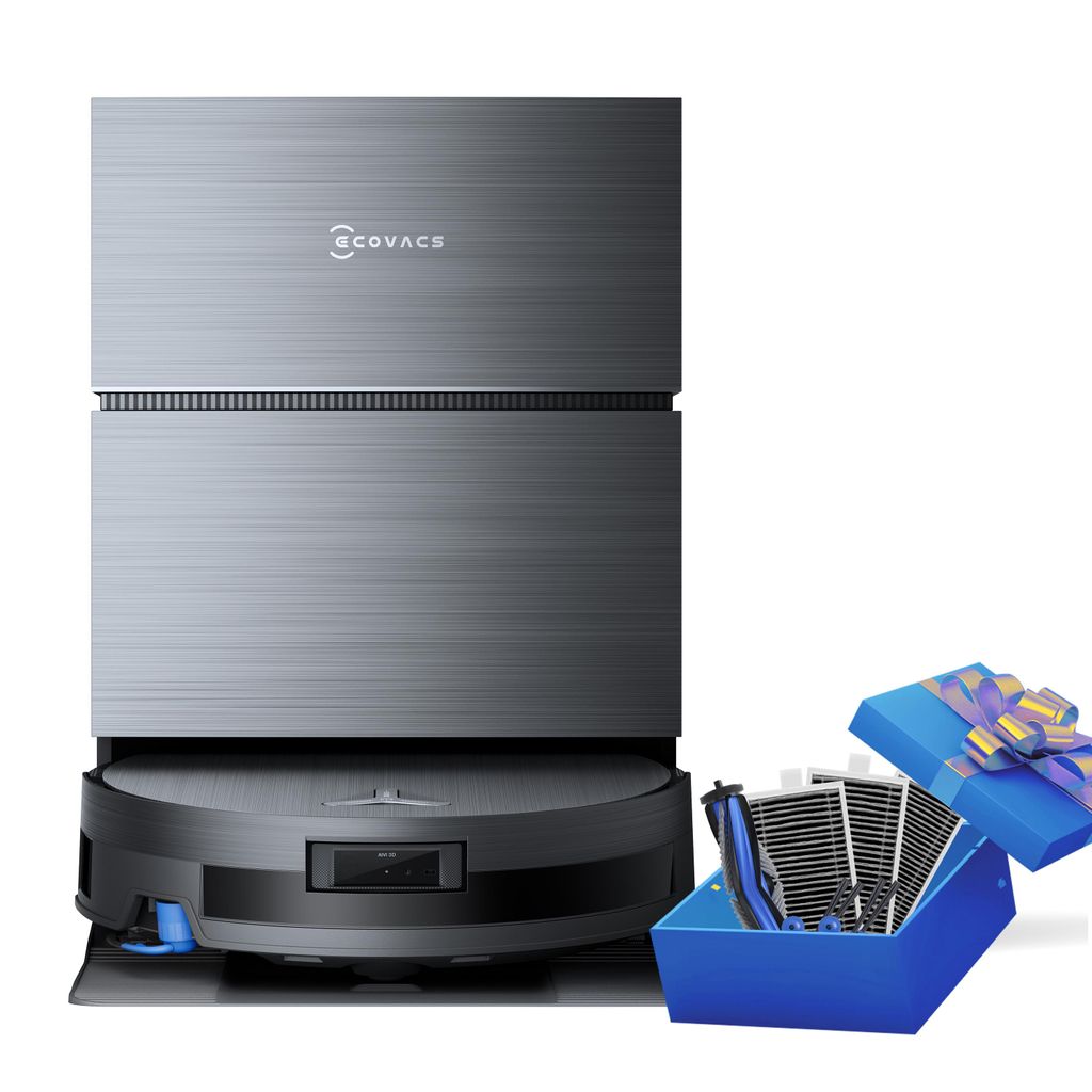A robot vacuum cleaner and a gift box containing accessories are displayed against a white background.
