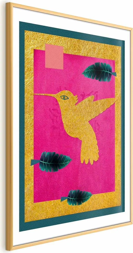 Poster Colibrì Oro 40x60 cm con Cornice Dorata e Margine Bianco