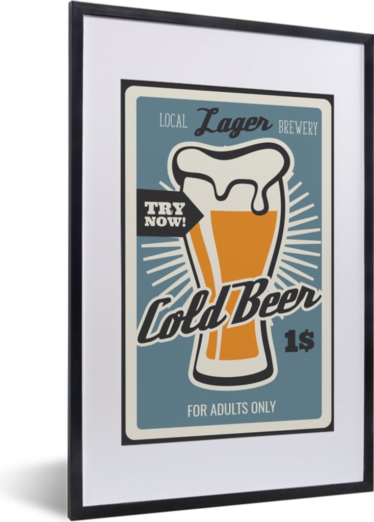MuchoWow MuchoWow Gerahmtes Poster Mancave - Bier - Vintage - Kaltes Bier 40x60 cm - Poster mit zchwarzem Bilderrahmen - Poster in Rahmen